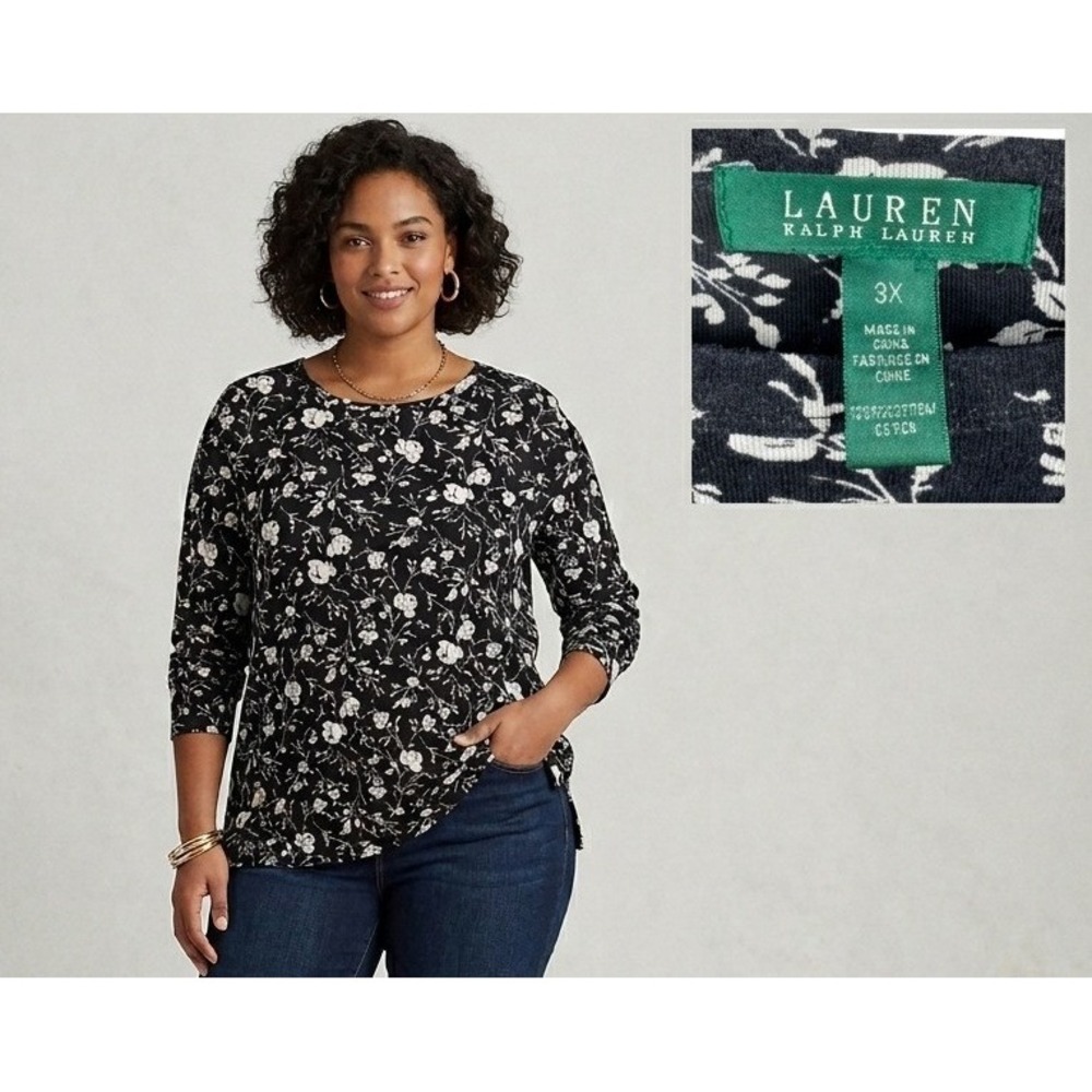 Lauren Ralph Lauren Floral Top Women 3XL‎ Black White Cotton Long Sleeve